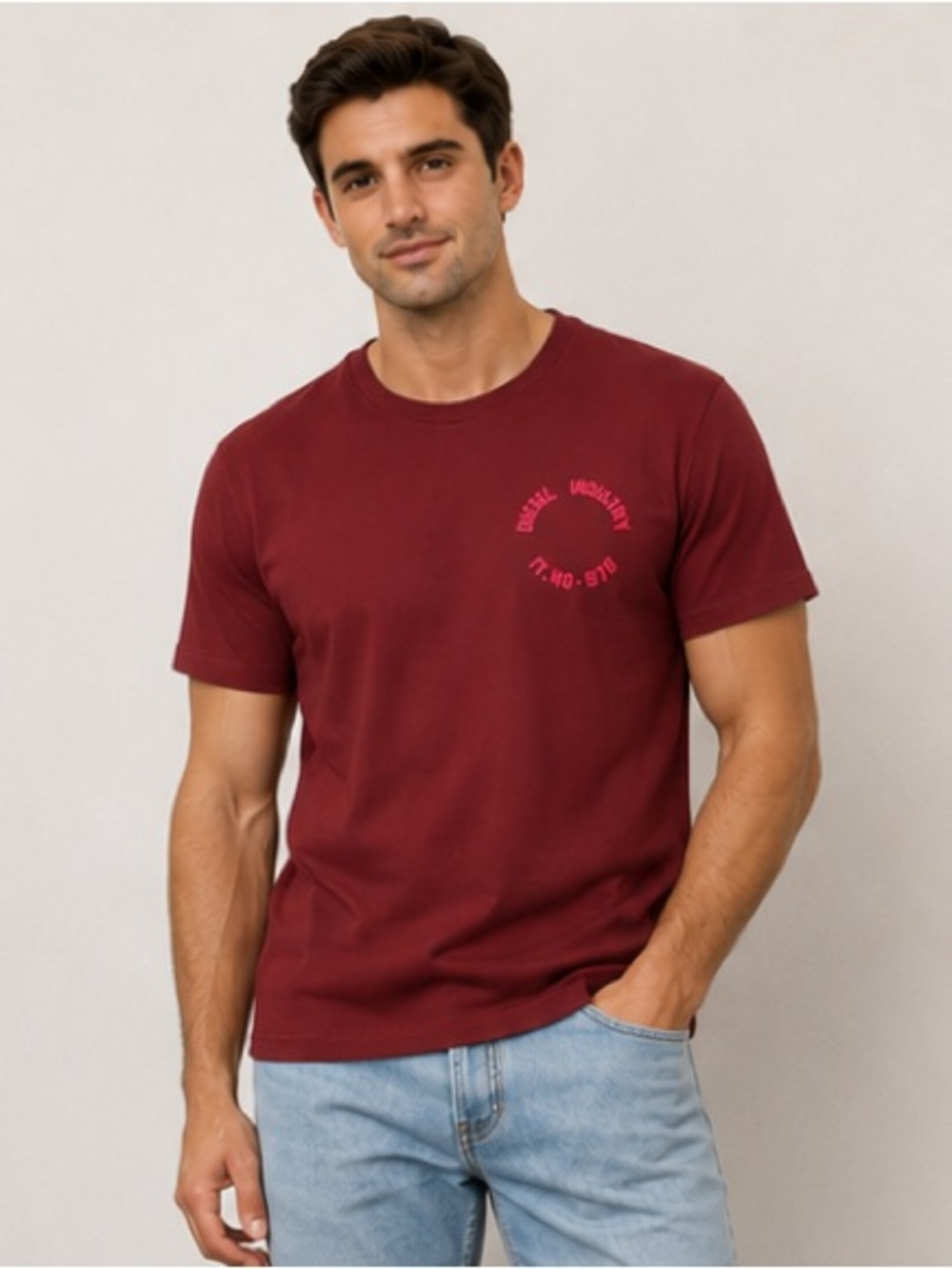$128 Diesel Cherry Red T-Shirt with Flocked Print - Size L
